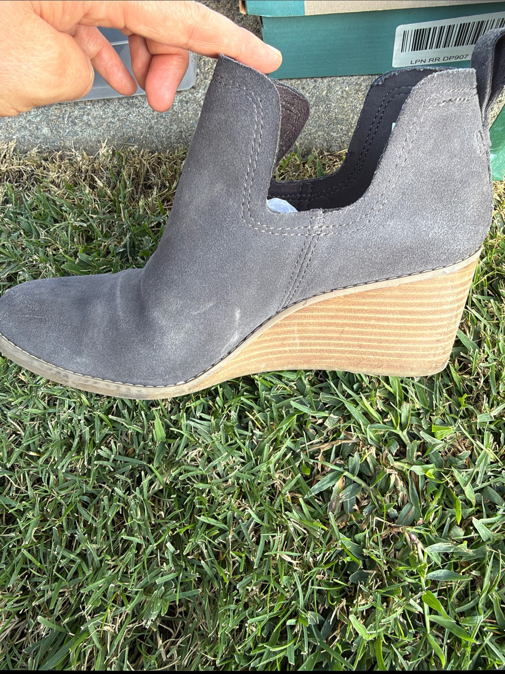 Toms Gray Suede Wedge Bootie with Stacked Heel